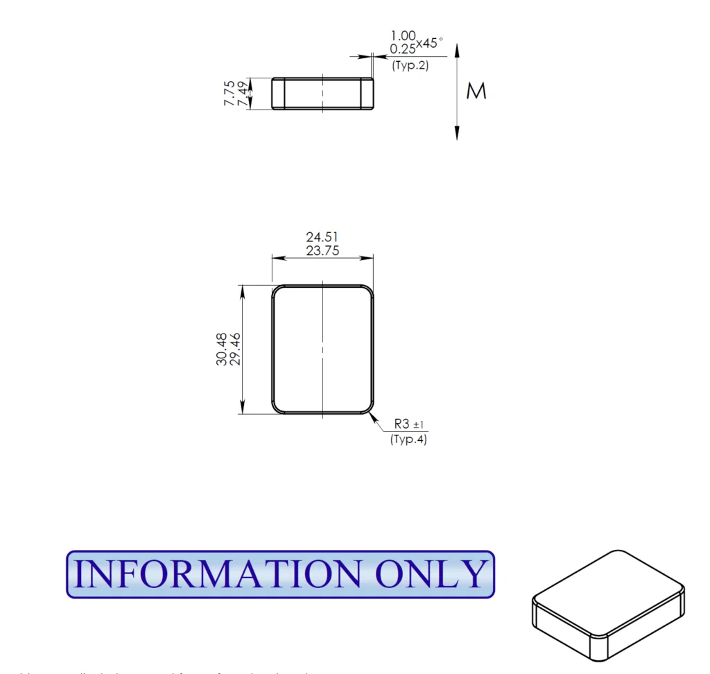 Dimensioned sketch of a rectangular ferrite block: 30.48 by 24.51 millimetres outline, 7.75 millimetres thick, R3 corners and a 1 by 45 degree chamfer.