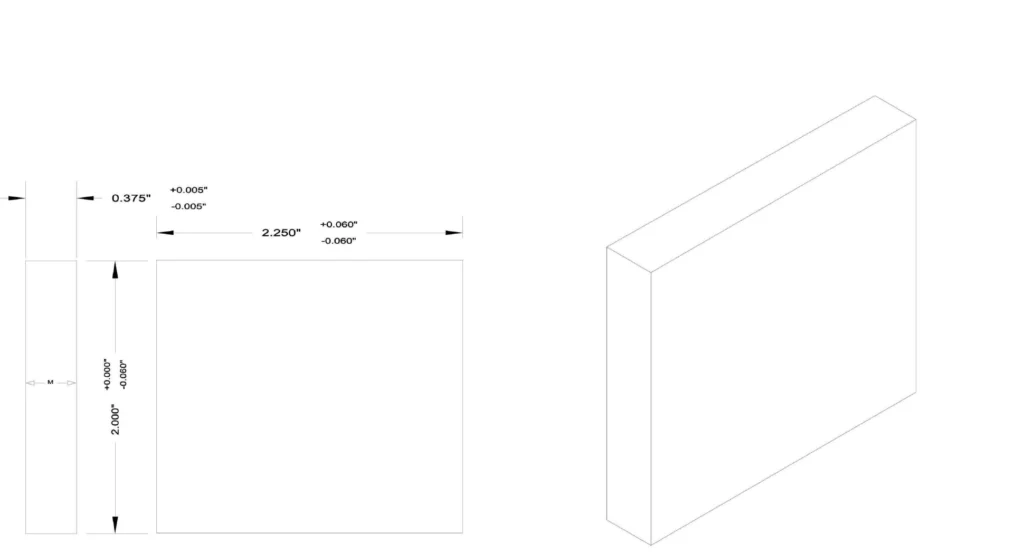 Dimensioned sketch of a cut ferrite block with sharp square edges: 2.250 by 2.000 inches outline at plus or minus 0.060 inches, 0.375 inch thick at plus or minus 0.005 inches.